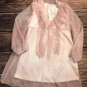 073 NWT Lovely Sheer Long Sleeve Ruffle Front Pale Pink White Under-Dress Sze S